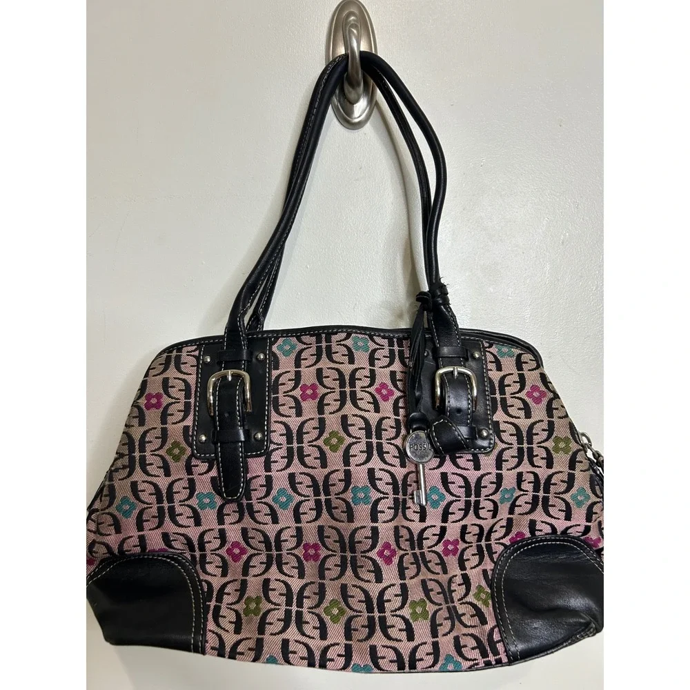 Fossil Satchel Purse Handbag‎ Signature Key Print Buckle Accents Stylish Bag